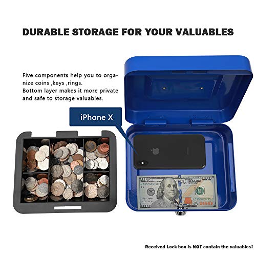 KYODOLED Cash Box with Money Tray,Storage Safe Lock Box with Key,Cash Drawer,7.87"x 6.30"x 3.54" Blue Medium - color: Blue, size: Medium