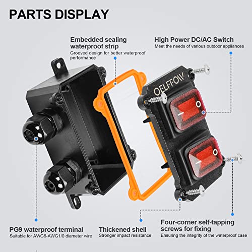 Waterproof On Off Toggle Switch Double Switch/Outlet with Red Light Rocker Button Inline Cord Switch DPST AC/DC 20A-125V,16A-250V,30A-24V,35A-12V, IP66 - color: Red/2 Switch/2 Outlet