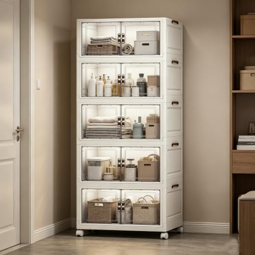 5‑Pack Foldable Stackable Storage Boxes, 631 QT Organizer Container with Magnetic Doors & Wheels for Home, Garage, Office (27.56" W x 17.91" D x 76.77" H) - size: 5PACK-27.56"W17.91"D76.77"H