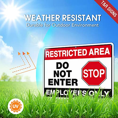 T&R Large Restricted Area Do Not Enter Employees Only Sign - 2 Pack - 14 x 10 Inches Rust Free .040 Aluminum - UV Protected, Waterproof, Weatherproof and Fade Resistant - 6 Pre-drilled Holes - color: Black & Red - 14" x 10" - 2 Pack