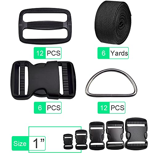 CooBigo 1 Inch Buckles Straps Set 6 Yards Black Nylon Webbing Strap 6 Pcs Quick Side Release Plastic Buckle Dual Adjustable 12pcs Tri-glide Slide Clip 12 Pcs Metal D Rings - color: 1"sets