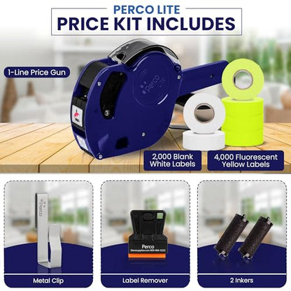 Perco Price Gun 1-Line Kit with 2 White 4 Yellow Rolls, Clip & Ink Rollers - color: Yellow