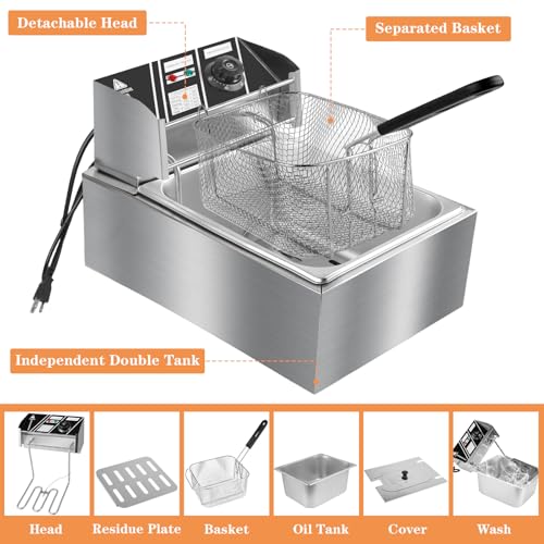 10QT Electric Deep Fryer 304 Stainless Steel Single Tank Commercial Fryer with Basket, Countertop Deep Fryer for Home and Restaurant Use with Lid & Temperature Control