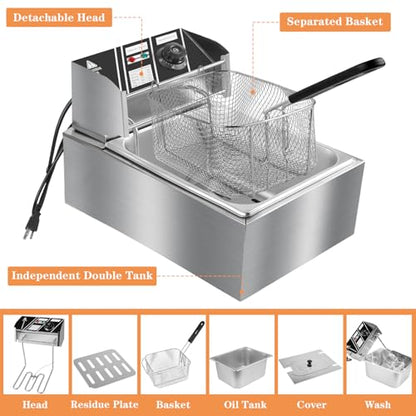 10QT Electric Deep Fryer 304 Stainless Steel Single Tank Commercial Fryer with Basket, Countertop Deep Fryer for Home and Restaurant Use with Lid & Temperature Control