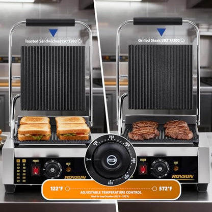 Bonnlo 811 Commercial Sandwich Make, 1800W Stainless Steel Countertop Panini Press Grill with Adjustable Temp 122°F–572°F, For Steak, Burgers, Home & Restaurant Use, 110V, Silver - size: 12"D x 12.2"W x 8"H