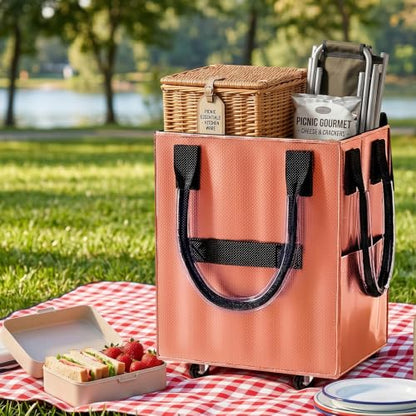 Reusable Grocery Bag on Wheel, Foldable Shopping Cart with Wheels, Can Carry up to 130 Pounds, Suitable for Groceries, Laundry, Camping and Moving.(Rose Gold - Large) - color: Rose Gold - Large