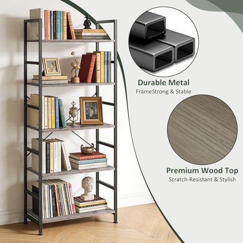 5 Tier Bookshelf, Free Standing Bookcase with Open Storage Shelves - color: Grey Wood, size: 5 Tier