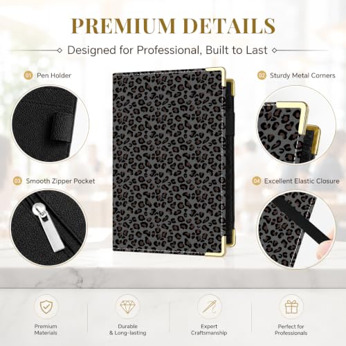 Server Book,7 Pocket Zipper Organizer,Server Books for Waitress - color: Dark Leopard
