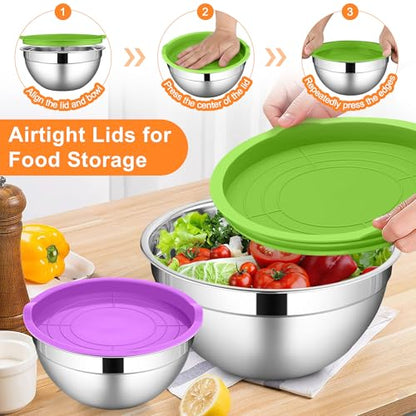 LIANYU 6 PCS Mixing Bowls with Lids Set, Metal Nesting Bowls for Kitchen - color: Colorful, style: Atlas Base with Airtight Lids