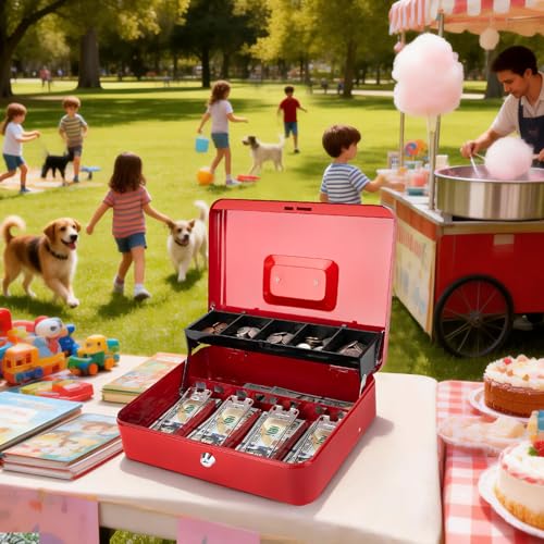 Jssmst Metal Cash Box with Money Tray and Lock, Portable Cash Drawer, 11.8" - color: Red Key