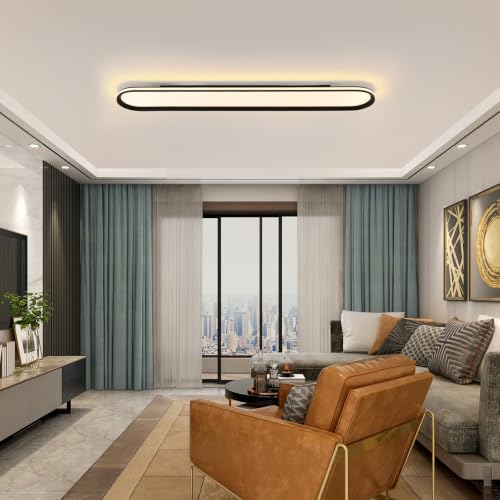 ADISUN Modern LED Ceiling Light Dimmable Linear Ceiling Light 47in Semi Flush Mount Long Lights with Remote Control and Side Lighting for Living Room Kitchen Dining Room (65W) - color: Black-1Pack, size: 47 Inch
