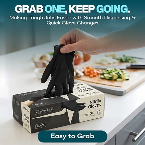 Disposable Black Nitrile Gloves Large 50 Count - Extra Thick 4.5 Mil - Powder and Latex Free Rubber Gloves - Surgical Medical Exam Gloves - Food Safe Cooking Gloves - size: Large