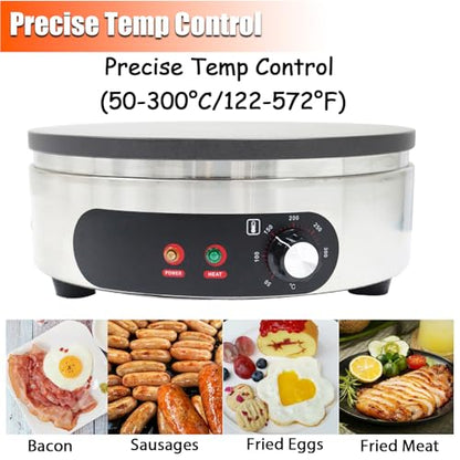 110V 2000W Electric Crepe Maker Machine 15.7" Non-Stick Hotplate Round Griddle with Adjustable Temperature 50-300°C Pancake Maker for Home & Commercial Use, Blintzes, Eggs, Tortillas