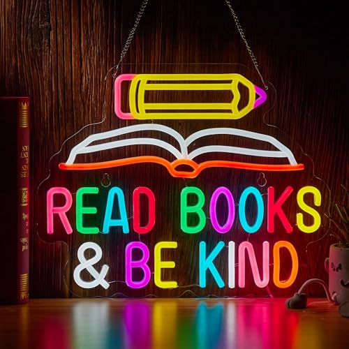 Read Books and Be Kind Neon Sign Pencil Book Neon Light Student LED Neon Light Colorful Neon Light Up Signs for Classroom Bookstore Library Museum Study Room - color: Yellow Pink
