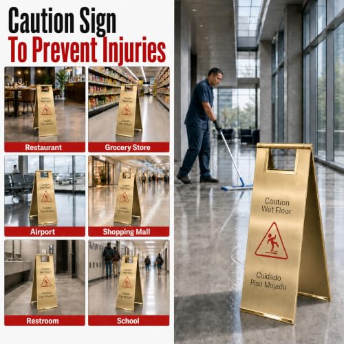 2 Pcs 24 Inch Stainless Steel Wet Floor Caution Sign Gold Bilingual - color: Gold