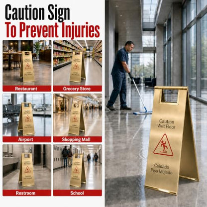 2 Pcs 24 Inch Stainless Steel Wet Floor Caution Sign Gold Bilingual - color: Gold