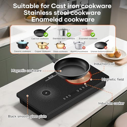 1800W Double Induction Cooktop with Dual 900W Burners, Minimalist Design, Touch Control, 8 Power Levels, Timer & Safety Lock for Kitchen RV Countertop Use