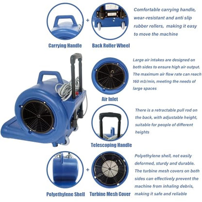 220V 900W Air Mover 3 Speed Adjustable Floor Dryer Blue Floor Blower Fan Wet Carpet Dryer for Janitorial Home Commercial Use