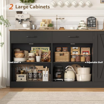 HOSTACK 71" W Kitchen Buffet Cabinet with Storage, Large Coffee Bar Cabinet - color: Black