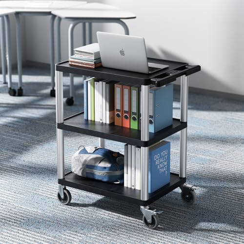 VEVOR Utility Cart, 300 lbs Load Capacity, 27.6 x 18.1-inch Service Cart, Three-Shelf Heavy Duty Plastic Utility Cart with 360° Swivel Wheels (2 with Brakes), Suitable for Warehouse, Garage, Cleaning - style: 300 LBS-3 Tier