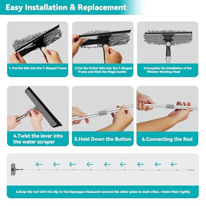 2-in-1 squeegee for window cleaning: 20+ Ft Long Reach cleaner tool with extension pole in home office commercial building Skylight Floor Ceiling Wall Dusting for Homeowner Car Enthusiast DIY Cleaners - color: Gray