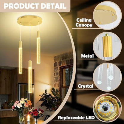 LED Modern Bubble Crystal Pendant Light for Kitchen Island Dining Room Living Room Foyer Remote Dimmable Gold Hanging Ceiling Fixture - color: Gold, size: 3-Light
