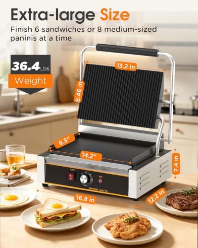 Commercial Panini Press - 2200W Electric Panini Sandwich Grill w/Nonstick Coating & Adjustable Temp, Panini Grill Press w/14"x9" Cooking Pan (Grooved Top & Flat Bottom), Double-sided Heating - style: 14"x9" Grooved top, flat bottom