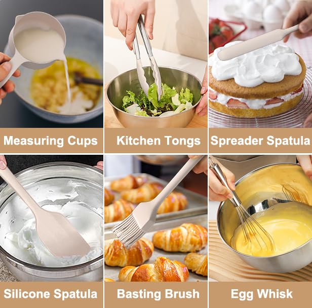 Wildone Mixing Bowls with Airtight Lids, Stainless Steel Nesting Bowls Set - color: Khaki
