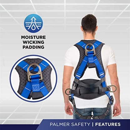 Palmer Safety Hammerhead 5pt Safety Harness Back Padded, QCB Chest, Tongue Buckel Legs Straps, Back & Side D-Rings - color: Blue Slk, size: Medium