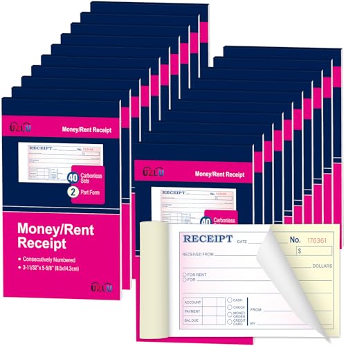 20 Packs Money and Rent Receipt Book, 3-11/32" x 5-5/8" Rent Receipt Books, 2 Part Carbonless for Small Business, Receipt Pad with Consecutive Numbering & Wraparound Cover, 40 Sets per Book - size: 3-11/32" x 5-5/8"-20 PCS, style: Rent Receipt Book Style