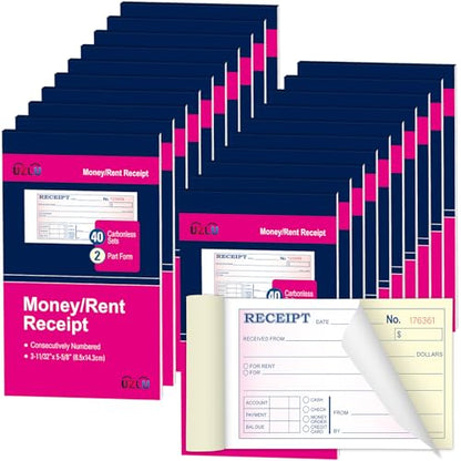 20 Packs Money and Rent Receipt Book, 3-11/32" x 5-5/8" Rent Receipt Books, 2 Part Carbonless for Small Business, Receipt Pad with Consecutive Numbering & Wraparound Cover, 40 Sets per Book - size: 3-11/32" x 5-5/8"-20 PCS, style: Rent Receipt Book Style