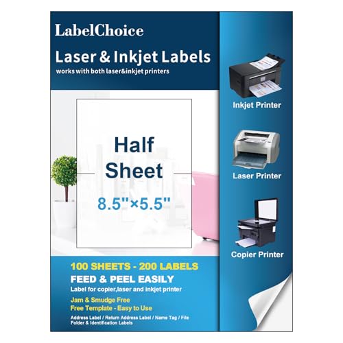 100 Sheets 200 Labels Half Sheet Self Adhesive Shipping Labels for Laser & Inkjet Printers, 8.5" x 5.5" Shipping Mailing Labels, 2 per Page Shipping Labels, 5 1/2 x 8 1/2 Half Sheet Labels - size: 8.5x5.5-100P