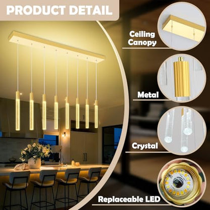 8-Lights Silver Hanging Pendant Light Modern Dimmable LED Crystal Chandeliers Bubble Crystal Pendant Light for Kitchen Island Dining Room Bedroom Living Room Over Table - color: Gold, size: Rectangle 8-Light