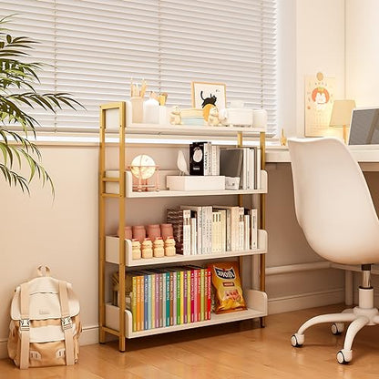 OSCHF Wide Open Shelf Bookcase, 4-Tier, White with Gold Frame - color: Gold + White, size: 4-Tier