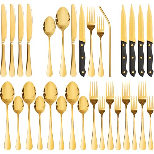 Astercook 24-Piece Silverware Set with Steak Knives Gold Flatware Set for 4 Food-Grade Stainless Steel Cutlery Set Mirror Polished Utensils Set Include Spoons and Forks for Home Kitchen Restaurant - color: Gold, size: 24 PCS