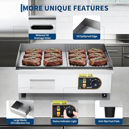 22” Commercial Electric Griddle, 120V 1750W Countertop Griddle, 120-570°F Adjustable Temp, Stainless Steel Electric Half-Flat Top Grill with Removable Drip Tray for Restaurant/Kitchen/Home - size: 22 inch (Half-Flat)