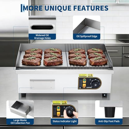 22” Commercial Electric Griddle, 120V 1750W Countertop Griddle, 120-570°F Adjustable Temp, Stainless Steel Electric Half-Flat Top Grill with Removable Drip Tray for Restaurant/Kitchen/Home - size: 22 inch (Half-Flat)