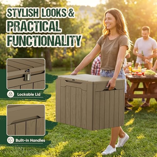 Devoko 29 Gallon Deck Box, Waterproof Resin Outdoor Storage Box - color: Light Brown, size: 29 Gallon
