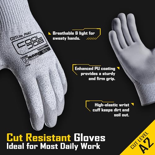 COOLJOB 12/120 Pairs Cut Resistant Work Gloves PU Coating, ANSI A2 A4 A6 A9 - size: Xlarge (Pack of 12)
