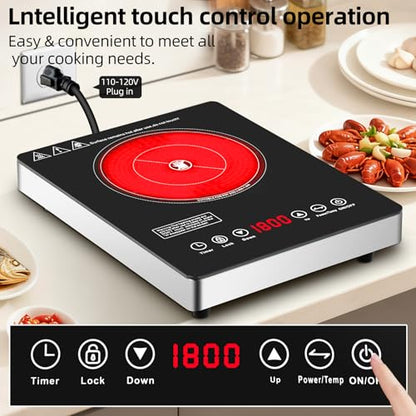 Single Burner Electric Cooktop,110V 1800W Electric Stove Top with LED Touch Control,9 Power Levels, 3 hTimer, Safety Lock, portable cooktop Overheat protection - size: Single Burner Electric Cooktop