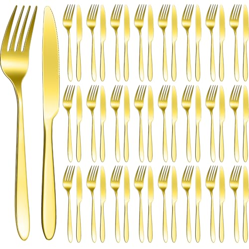 Nuenen 50 Pcs Gold Forks and Knives Set Stainless Steel Silverware Set - color: Gold, size: 7.1 x 1 Inch, 8.4 x 0.7 Inch