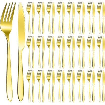Nuenen 50 Pcs Gold Forks and Knives Set Stainless Steel Silverware Set - color: Gold, size: 7.1 x 1 Inch, 8.4 x 0.7 Inch