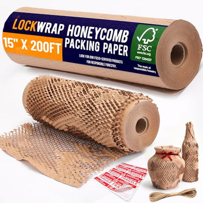 Honeycomb Packing Paper For Moving 12" x 200ft With Rope & Fragile Stickers - size: 15" x 200ft