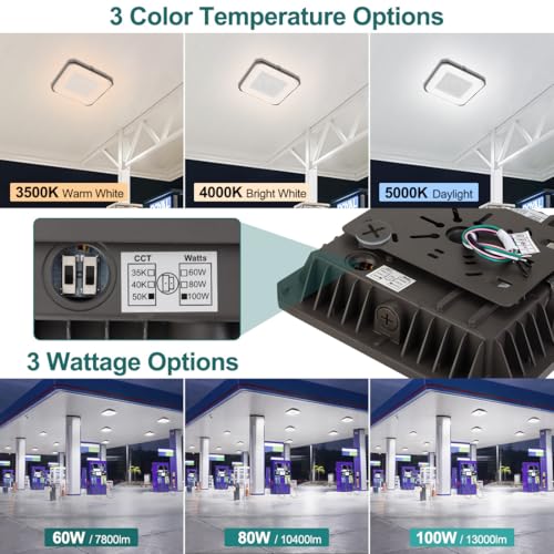 kadision 100W LED Canopy Light, 3-Level Selectable Wattage and CCT - size: 10" Square
