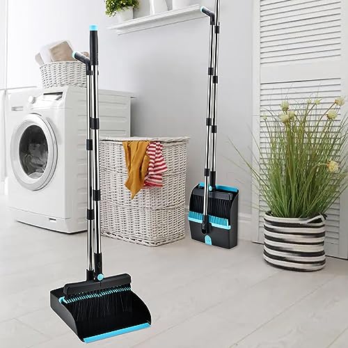 Broom and Dustpan Set for Home, Long Handle Dust Pan and Broom Combo for Indoor Outdoor Heavy Duty Dustpan Set for Kitchen Lobby Office Upright Standing Dustpan with Teeth (Deep Blue) - color: Deep Blue