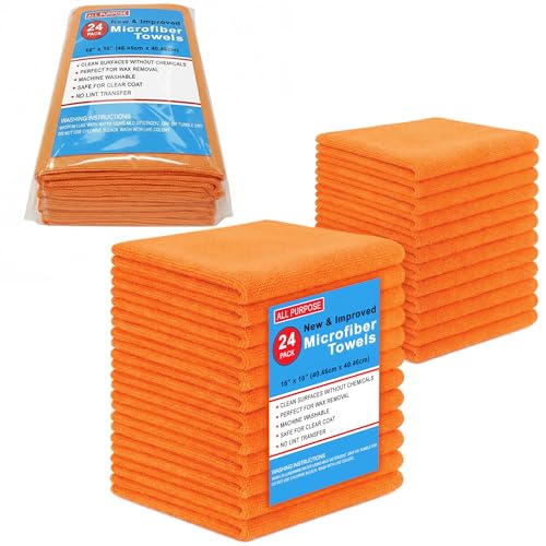 Blue Horizon Microfiber Cleaning Towels, Pack of 24, Ultra Soft Plush Washcloth, All Purpose Premium Microfiber Detailing Cleaning Cloths Reusable Shop Towels (16" x 16", Orange) - color: Orange