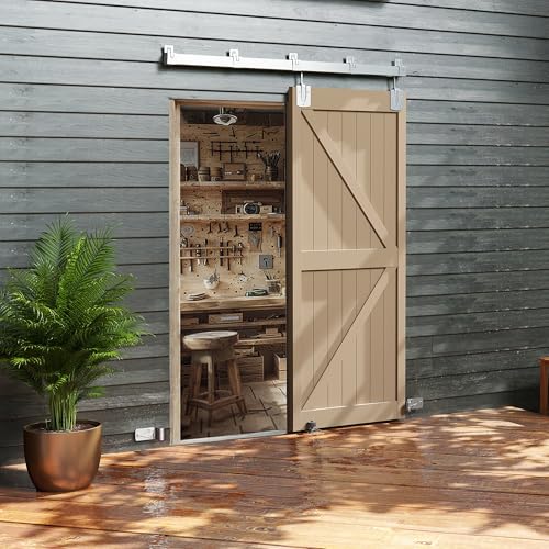 JUBEST 6FT Box Rail Exterior Barn Door Hardware Kit, Heavy-Duty Silver Sliding Barn Door Track System, Wall Mount Door Hardware Kits (Door Not Included) - size: 6FT