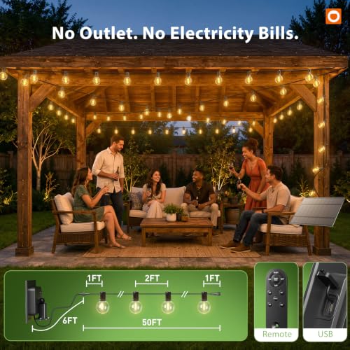 addlon 56FT(50+6) Solar String Lights Outdoor with Remote, 27 LED G40 Bulbs - size: 50FT