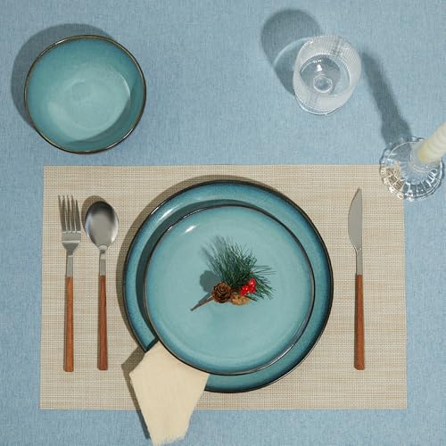 Pokini Stoneware Dinnerware Sets for 8, 24Pcs Ceramic Plates and Bowls Sets - color: Green Black, size: Set (24pcs)