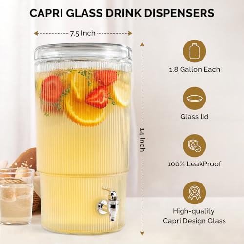 2-PACK Capri Drink Dispenser - Glass Beverage Dispenser, 100% Leakproof Spigot Perfect For Parties And Daily Use Lead-Free Glass, Beautiful Design, 1.8 Gallon - color: Clear-1.8 Gallon
